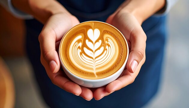Close-up of a woman's hand offering cafe latte art