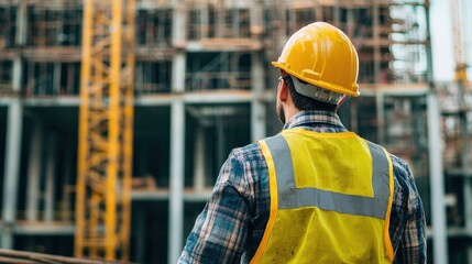A construction worker wearing a yellow hard hat and safety vest, standing in front of a construction site with cranes and scaffolding.