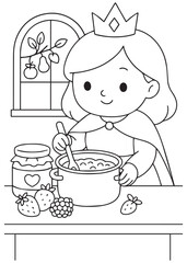 coloring book queen mixing fruit jam in a pot