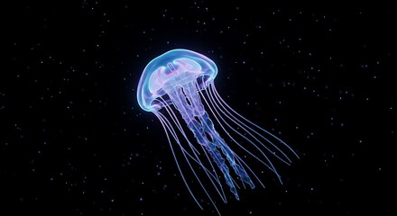 Luminous Jellyfish with Tentacles in the Dark Sea