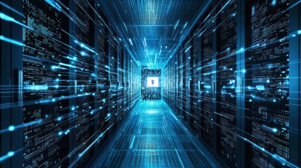 A hallway with servers and a padlock in the middle, with a blue and black color scheme and a futuristic, digital aesthetic.