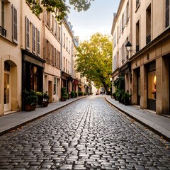 Fototapeta premium Cobblestone street, lined with buildings and trees, autumnal light