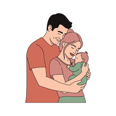 Loving parents embrace newborn baby with tender care and joy vector illustration