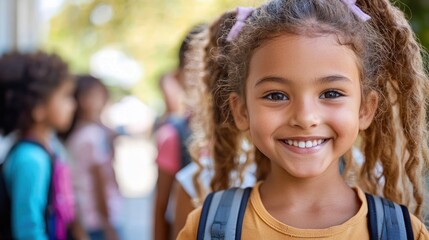 A young girl with pigtails smiling at the camera.