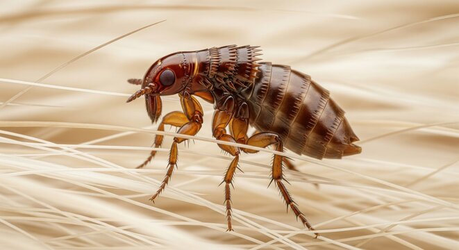 Extreme macro photograph of a flea insect on animal fur