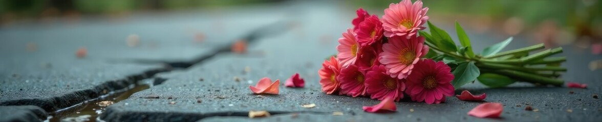 Discarded Bouquet Wilted Flowers on Cracked Pavement, Symbolizing Loss and Defeat