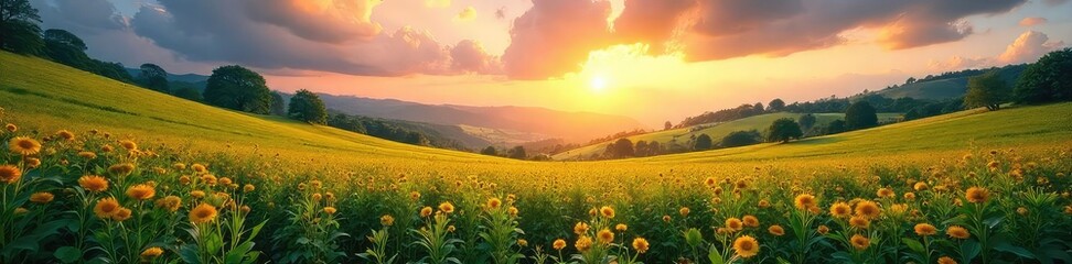 Obraz premium A lush valley floor brimming with ripe, ready-to-harvest crops under a vibrant sky Abundant bounty of nature ready for gathering Ideal for agricultural and farming concepts , ready, plant