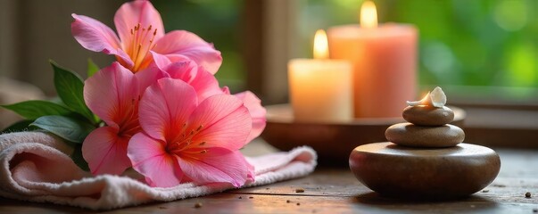 Fototapeta premium A serene spa scene featuring a vibrant bouquet of flowers, soft lighting, and calming aromatherapy elements Perfect for relaxation, wellness, and self-care themes , therapy, comfort