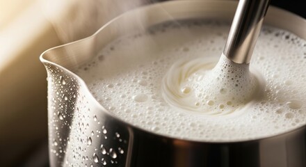 Barista frothing steamed milk in a pitcher for a cappuccino