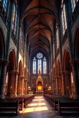 Fototapeta premium Awe-Inspiring Gothic Cathedral Interior Illuminating Stained Glass and Intricate Stone Carvings