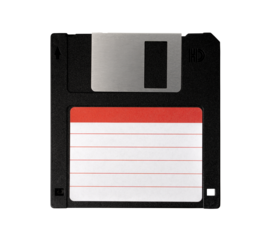 Computer old retro vintage collectibles. black back diskette or floppy disk 3.5 inches with empty label sticker isolated on transparent background or png file.