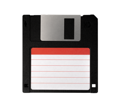 Computer old retro vintage collectibles. black back diskette or floppy disk 3.5 inches with empty label sticker isolated on transparent background or png file.