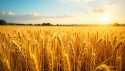 Fototapeta premium Golden wheat field swaying gently in the summer breeze, sunlit stalks extending to the horizon A picturesque scene of agricultural abundance and natural beauty , golden, nature scene, crop