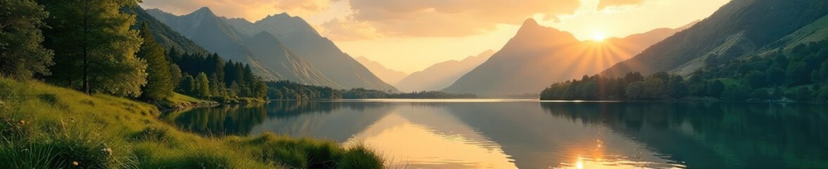 Obraz premium Serene landscape featuring a lush green forest, a tranquil lake reflecting the sky, and majestic mountains in the distance, bathed in the golden light of sunset , light, forest