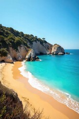 Obraz premium Sun-drenched Costa Brava beach, turquoise water laps golden sand Perfect summer escape, idyllic coastal scene Relaxing holiday vibe, tranquil seascape , holiday, paradise, landscape