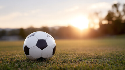 Fototapeta premium A close-up of a soccer ball resting on a lush green field during sunset, symbolizing passion and the spirit of the game.