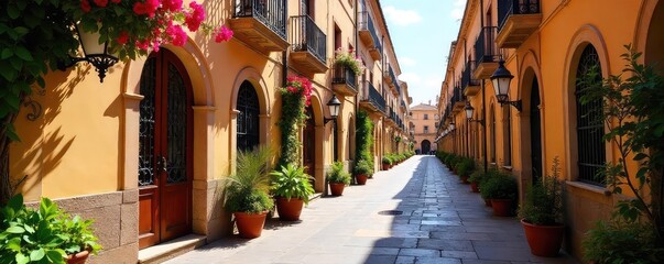 Fototapeta premium Sun-drenched streets of Seville, Andalusia, Spain Ornate architecture, vibrant flowers, and charming alleyways create a picturesque scene Perfect for travel and tourism , door, building