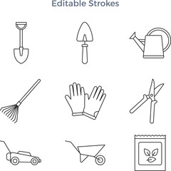 Gardening tools icons, line art on transparent background
