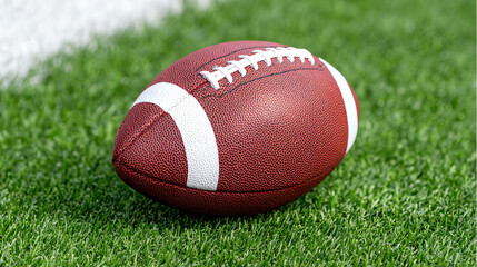 Fototapeta premium A close-up shot of a brown football resting on vibrant green grass, highlighting the texture and quality of the ball.