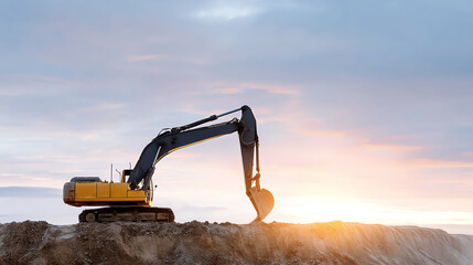 A powerful excavator operates at sunset, showcasing heavy machinery in action against a dramatic sky and landscape.