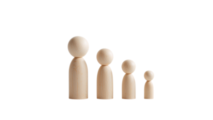 Wooden figurines representing family growth, size variation symbolizes stages of life, unity in