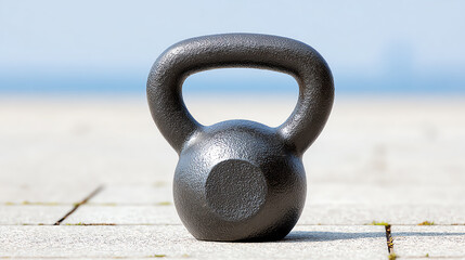 A single black kettlebell resting on a smooth surface, highlighting fitness and strength training for athletes and enthusiasts.