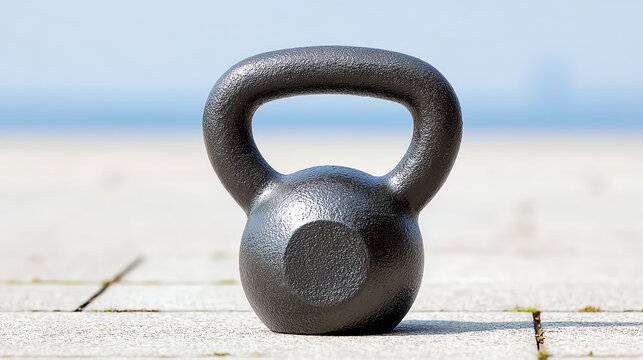 A single black kettlebell resting on a smooth surface, highlighting fitness and strength training for athletes and enthusiasts.