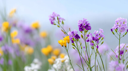 Obraz premium A vibrant collection of wildflowers in various colors blooming under a clear blue sky, showcasing nature's beauty.