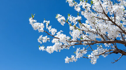 A vibrant spring scene featuring delicate white cherry blossom flowers against a clear blue sky, symbolizing renewal and beauty.