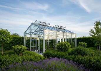 Obraz premium Elegant Greenhouse Oasis A Symphony of Glass Lavender and Verdant Greenery in Serene Outdoor Setting