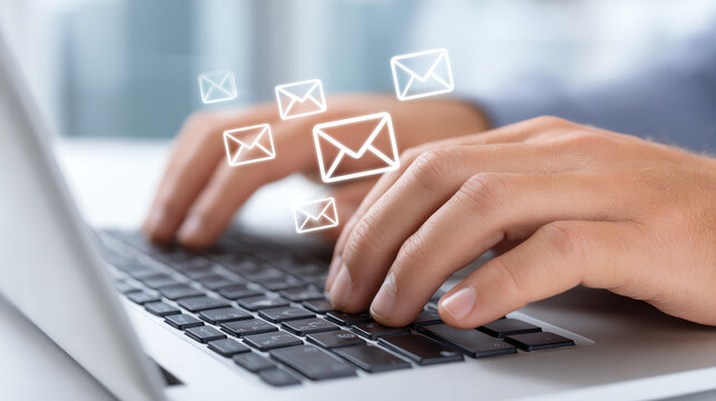An individual typing on a laptop keyboard, with email icons emerging, symbolizing communication and technology in the workplace.