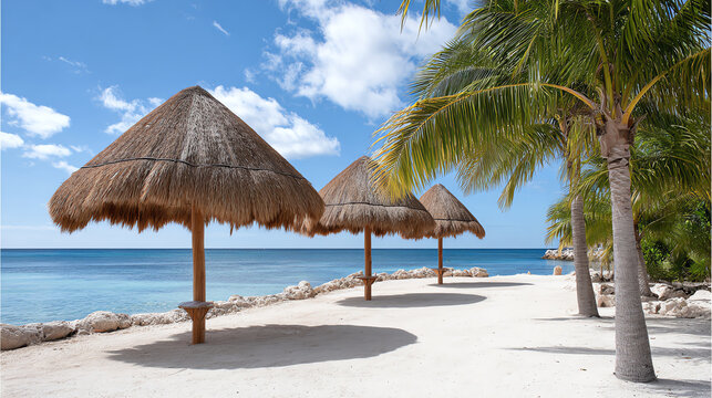 Beautiful tropical beach with straw umbrellas and palm trees under a clear blue sky, perfect for relaxation and vacation. - Powered by Adobe