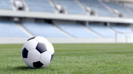 Fototapeta premium Close-up of a soccer ball on a lush green field, highlighting the excitement of the game and the anticipation of fans in the background.