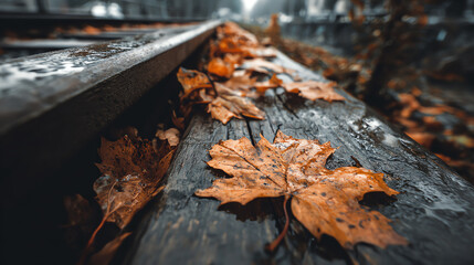 Close-up of wet autumn leaves on a wooden railway track, evoking a serene and nostalgic mood.