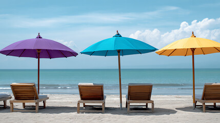 Colorful beach umbrellas shade lounge chairs by the serene ocean, perfect for relaxation and summer vacations under the sun.
