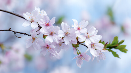 Delicate cherry blossoms bloom against a soft blue background, symbolizing renewal and the beauty of nature's springtime.