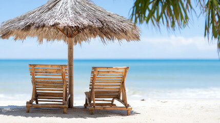 Fototapeta premium Relaxing beach scene with wooden chairs under a straw umbrella near calm ocean waters and clear blue skies.