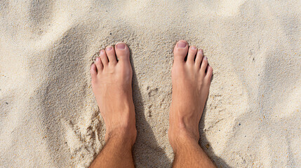 Relaxing beach scene with bare feet in soft sand, representing a tranquil moment and connection with nature.
