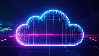 High-tech holographic cloud symbol hovers above, wrapped in a transparent neo-glowing form, illuminated by digital light on a grid, a futuristic data concept.