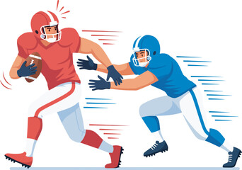 Two American football players in action, one carrying the ball, the other tackling.