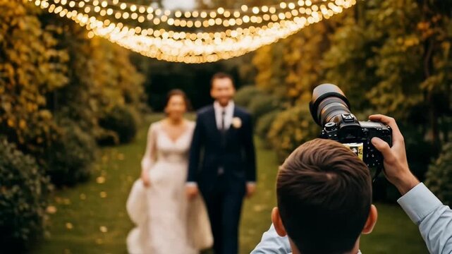 Couple Posing for Photos in a Garden Setting with String Lights