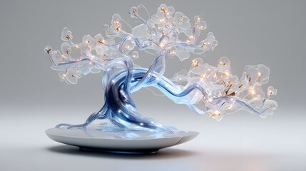 Minimalistic glass bonsai tree with glowing AI circuit branches on a pristine white background, showcasing futuristic botanical design and digital elegance