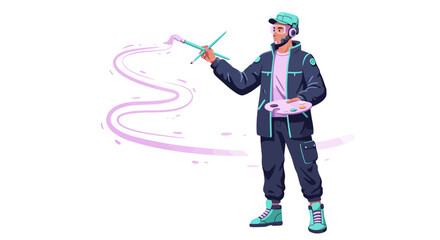 A modern male artist in a cap and jacket holds a palette and brush, painting a flowing pink line.