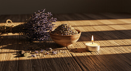 Dried Purple Lavender Bouquet and Candle on Rustic Wooden Table