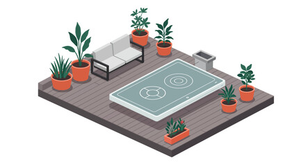 Isometric illustration of a modern rooftop terrace featuring a hot tub, comfortable sofa, and various potted green plants, creating a relaxing urban oasis.