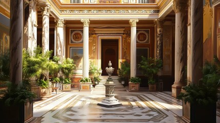 Naklejka premium Historic Roman atrium with sculpture center 