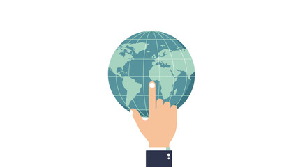 An illustrated hand with an index finger touching a stylized blue and green world globe, symbolizing global connection or digital interaction.