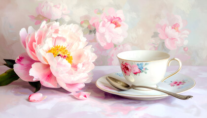 Delicate Floral Teacup with Spoon Beside Blooming Peony Flowers