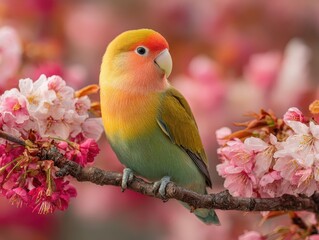 Japanese Lovebird Grace: Peach-Faced Pet on Blooming Cherry Blossom Branch