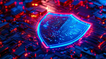 Cybersecurity shield glows protecting digital data network in modern vibrant blue and red technology